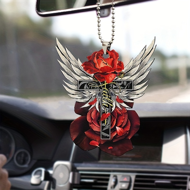 1pc Red Flower Cross Wings Car Interior Pendant: A Perfect Holiday Home Decor Gift!
