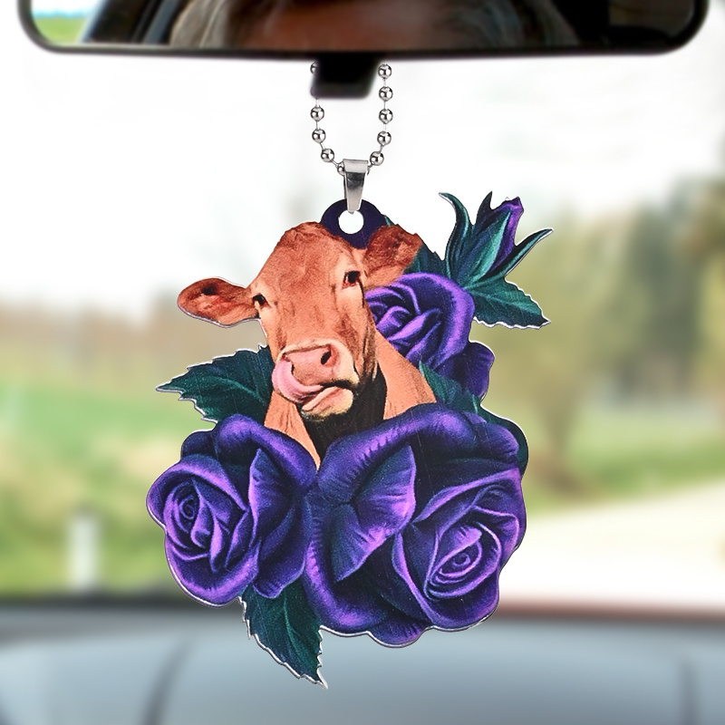 Cattle In Purple Flower Car Rear View Mirror Accessories Car Ornament Hanging Charm Interior Rearview Pendant Decor Car Accessories Women