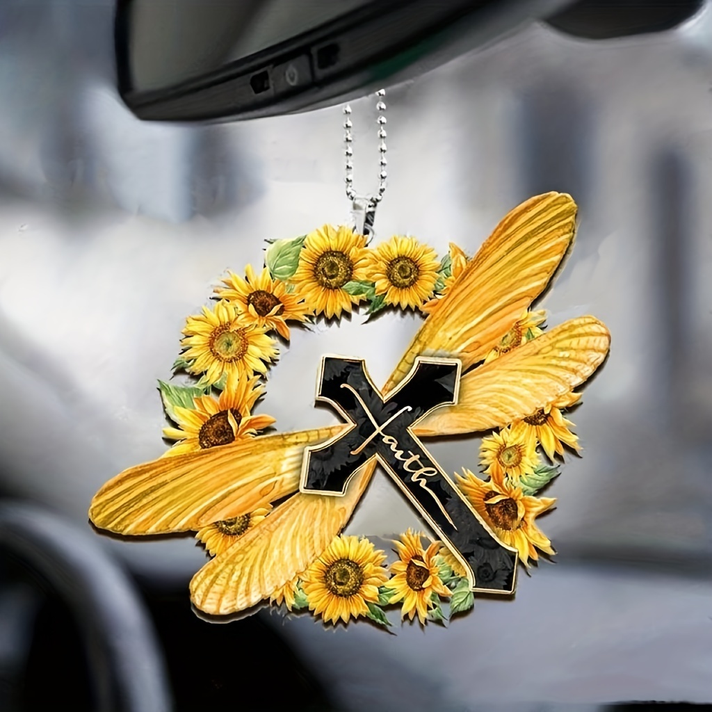 Cute Cross Sunflower Dragonfly Car Interior Pendant - Perfect Holiday Decoration & Couple Gift Keychain!