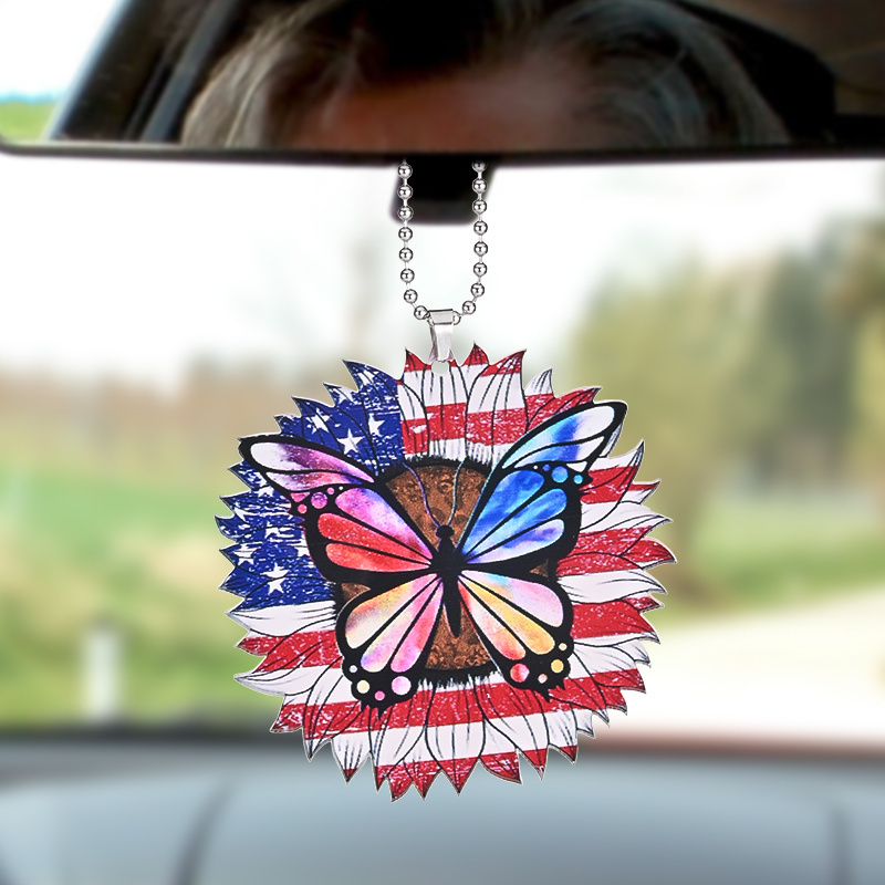 American Flag Sunflower Butterfly Decorative Pendant, Interior Rearview Mirror Suspension Accessories, Car Keys And Bag Pendant