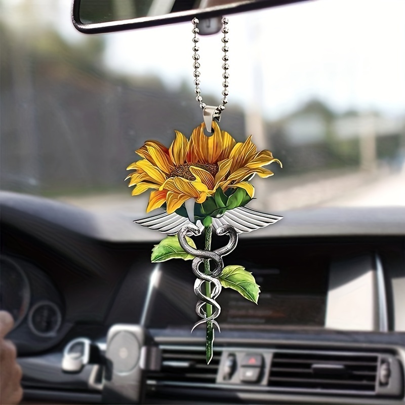 Sunflower Acrylic Car Rearview Mirror Hanging Ornament - Add a Touch of Fashion with Snake Wrapped Branches Keychain!