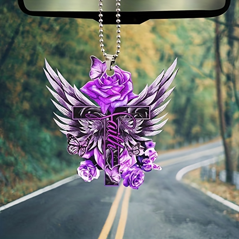 1pc Cross Wing Purple Flower Car Interior Pendant Holiday Home Decoration Accessories Martial Arts Pendant Key Chain Gift