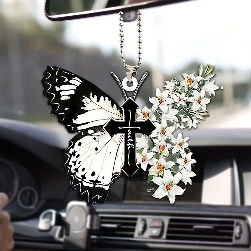 1pc Butterfly Cross Christian Religion Wind Chime Hanging Car Decoration Car Interior Accessories Women