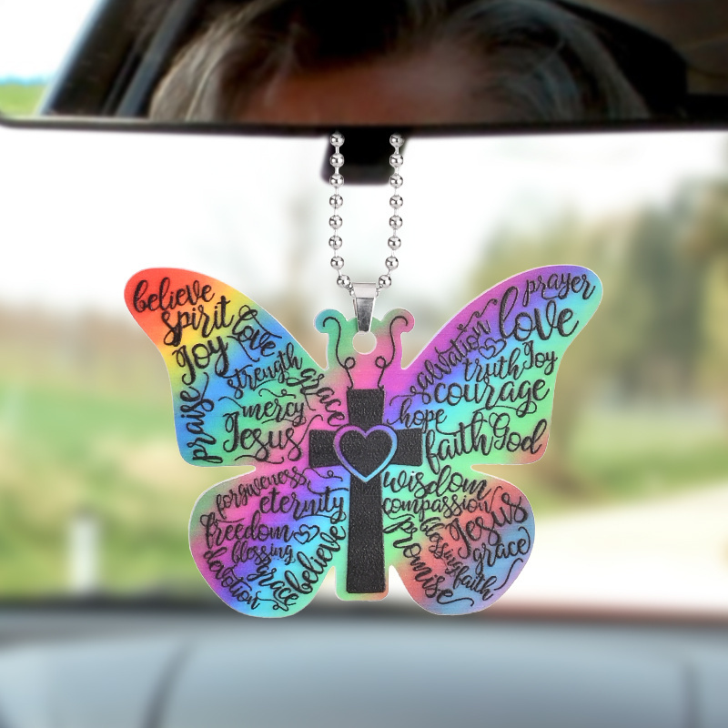 Creative Font Graffiti Jesus Cross Butterfly Pendant, Christian Car Suspension Decoration, Car Interior Rearview Mirror Pendant, Car Accessories Women
