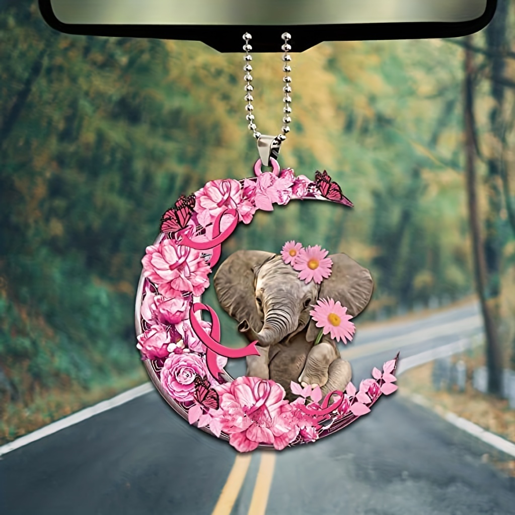 1pc Pink Flower Moon Pendant With Chain Pendant, Elephant Rear View Mirror Pendant Car Interior Accessories Women