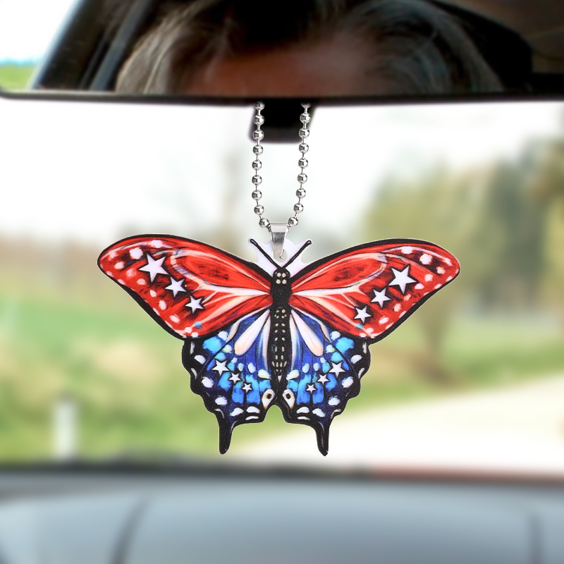Beautiful Red And Blue Butterfly Pendant, Car Suspension Decoration, Car Interior Rearview Mirror Pendant, Car Key Accessories