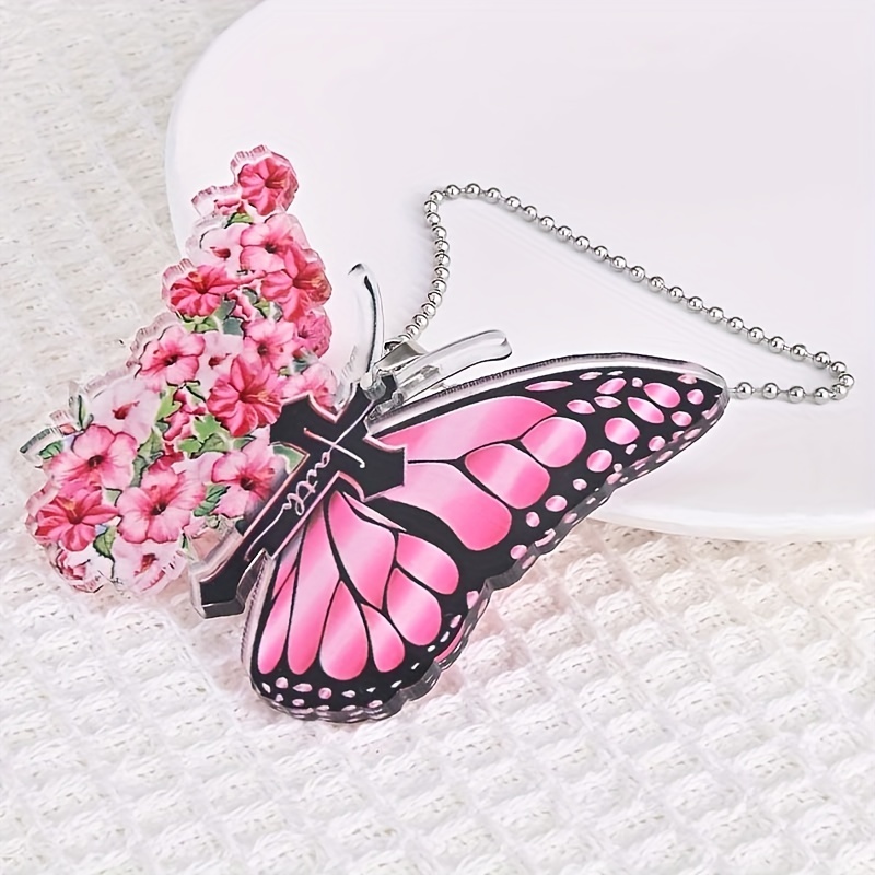 Beautiful Pink Butterfly and Flower Jesus Cross Pendant - The Perfect Car Rearview Mirror Accessory and Gift!