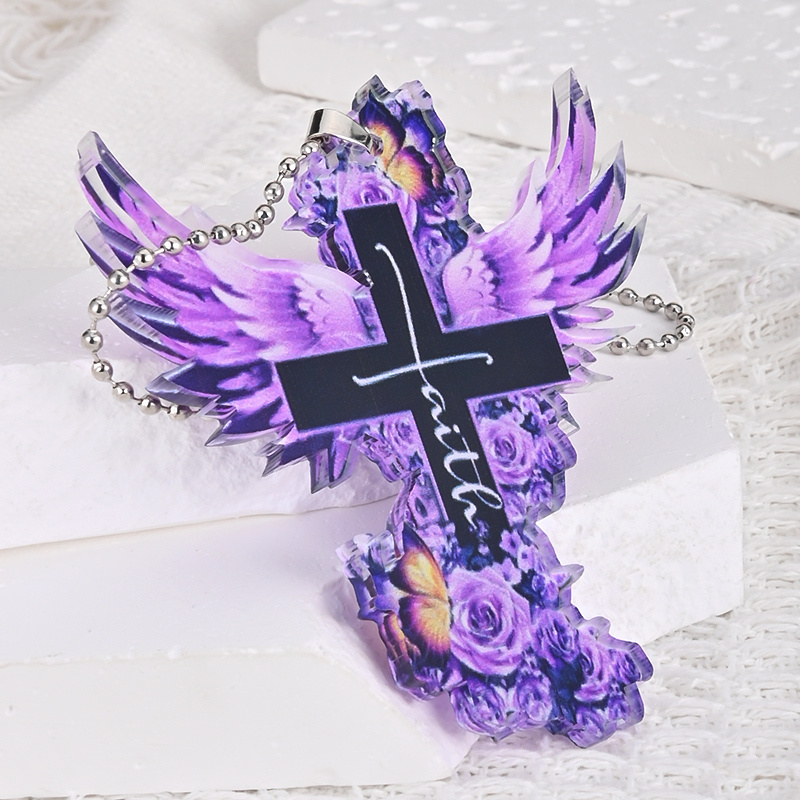 Purple Winged Cross Rose Pendant, Car Rearview Mirror Accessories Key Chain, Schoolbag Accessories Easter Gift
