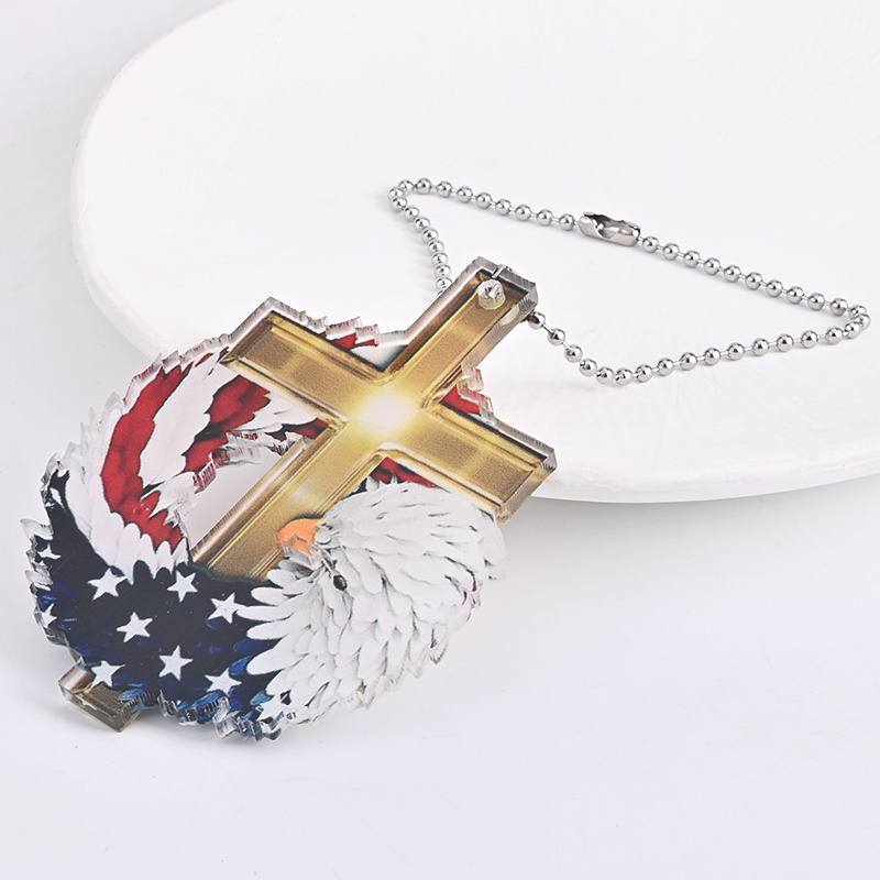Show Your Patriotism and Faith with This Stunning Eagle Wreath Cross Pendant - Perfect for Car or Home Decor!
