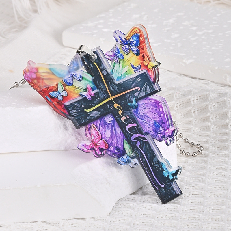 Colorful Butterfly Jesus Cross Pendant: Perfect Car Rearview Mirror & Key Chain Accessories for Holiday Gifts