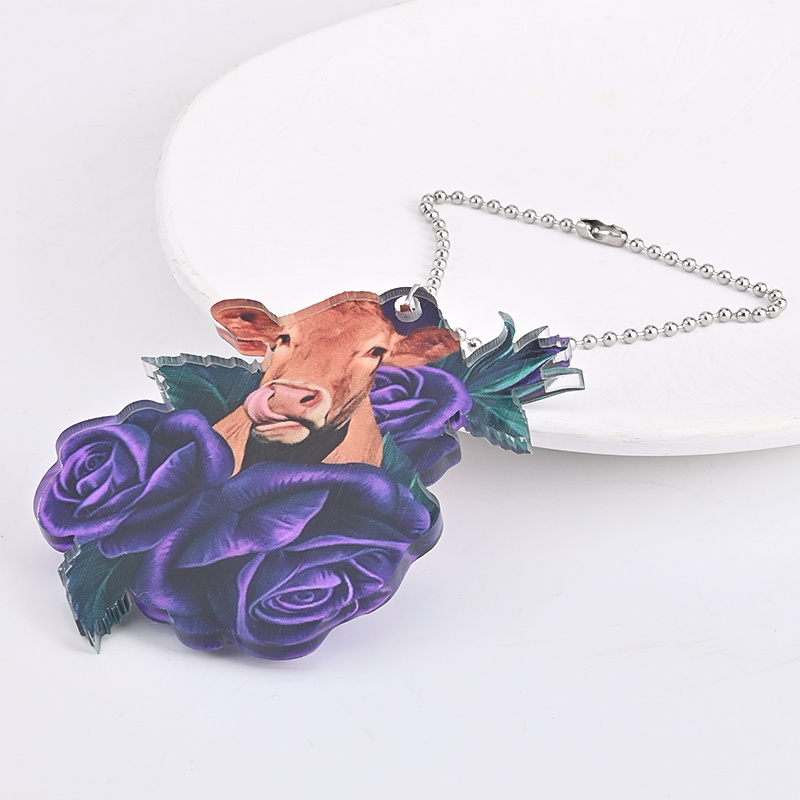 Cattle In Purple Flower Car Rear View Mirror Accessories Car Ornament Hanging Charm Interior Rearview Pendant Decor Car Accessories Women