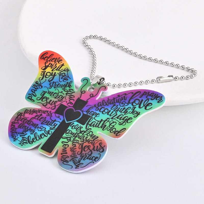 Creative Font Graffiti Jesus Cross Butterfly Pendant, Christian Car Suspension Decoration, Car Interior Rearview Mirror Pendant, Car Accessories Women