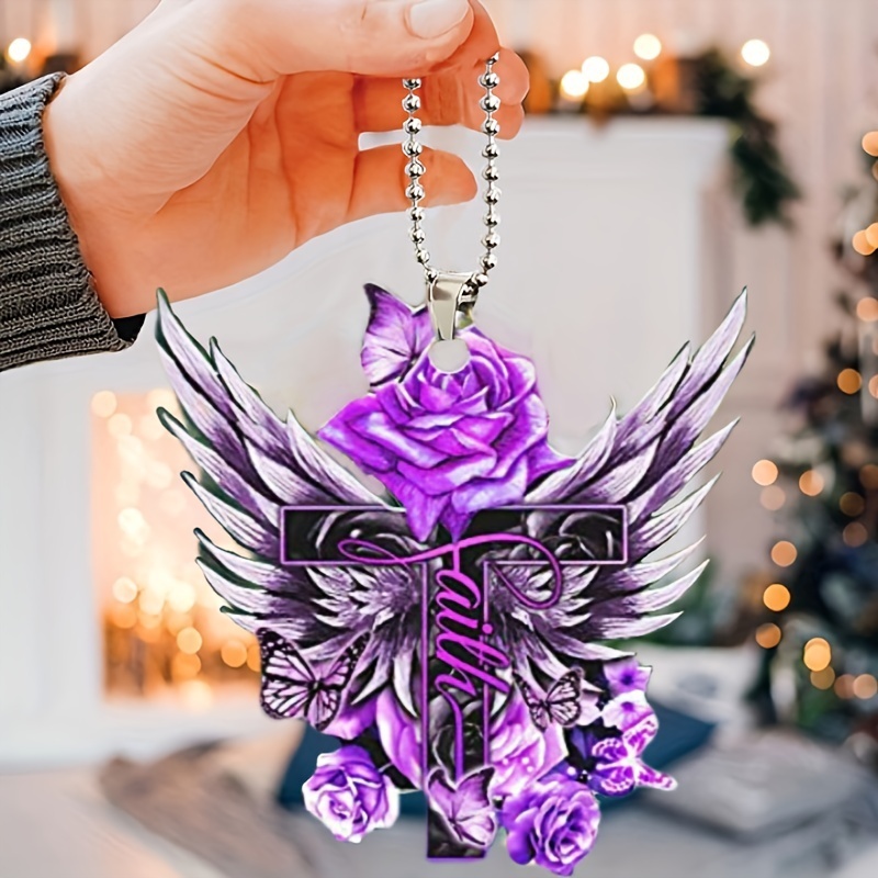 1pc Cross Wing Purple Flower Car Interior Pendant Holiday Home Decoration Accessories Martial Arts Pendant Key Chain Gift