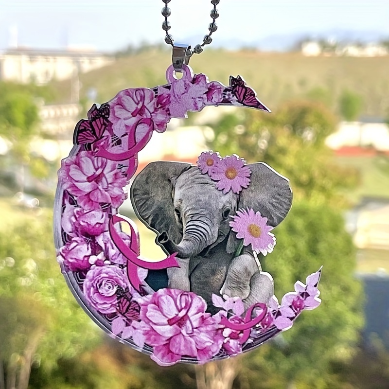 1pc Pink Flower Moon Pendant With Chain Pendant, Elephant Rear View Mirror Pendant Car Interior Accessories Women