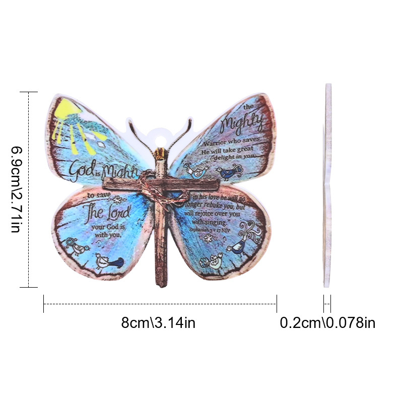 Creative Cross Butterfly Car Pendant Car Rearview Mirror Decorations Christian Religion Blue Butterfly Hanging Ornament Keychain Pendant
