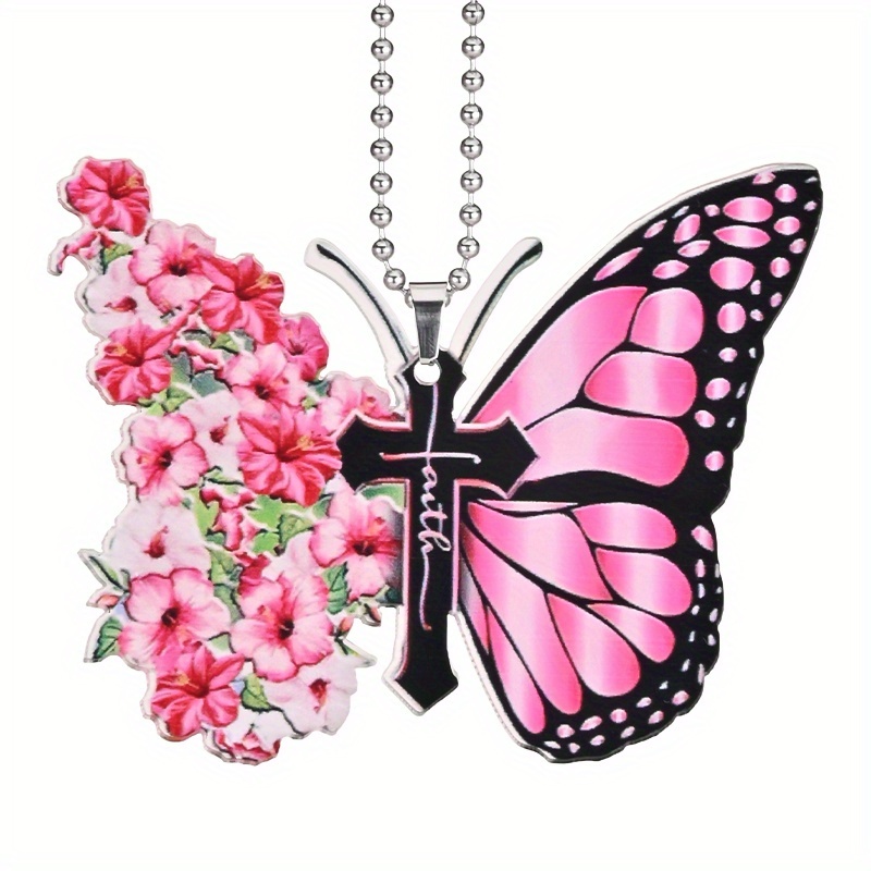 Beautiful Pink Butterfly and Flower Jesus Cross Pendant - The Perfect Car Rearview Mirror Accessory and Gift!