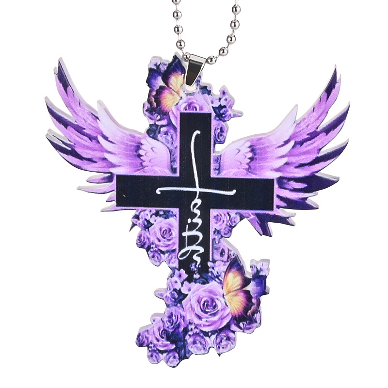 Purple Winged Cross Rose Pendant, Car Rearview Mirror Accessories Key Chain, Schoolbag Accessories Easter Gift