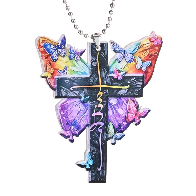 Colorful Butterfly Jesus Cross Pendant: Perfect Car Rearview Mirror & Key Chain Accessories for Holiday Gifts