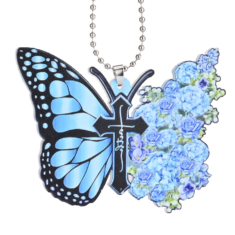 Add a Touch of Elegance to Your Home or Car with this Acrylic Blue Butterfly Flower Jesus Cross Pendant!
