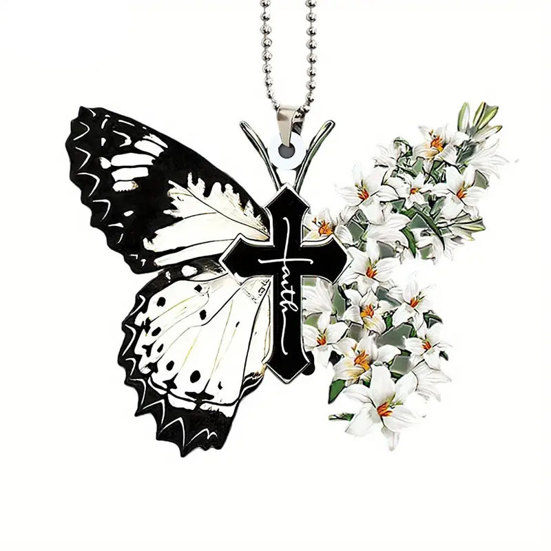 1pc Butterfly Cross Christian Religion Wind Chime Hanging Car Decoration Car Interior Accessories Women