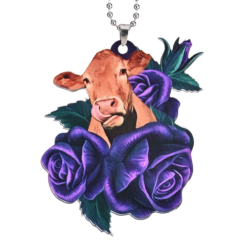 Cattle In Purple Flower Car Rear View Mirror Accessories Car Ornament Hanging Charm Interior Rearview Pendant Decor Car Accessories Women