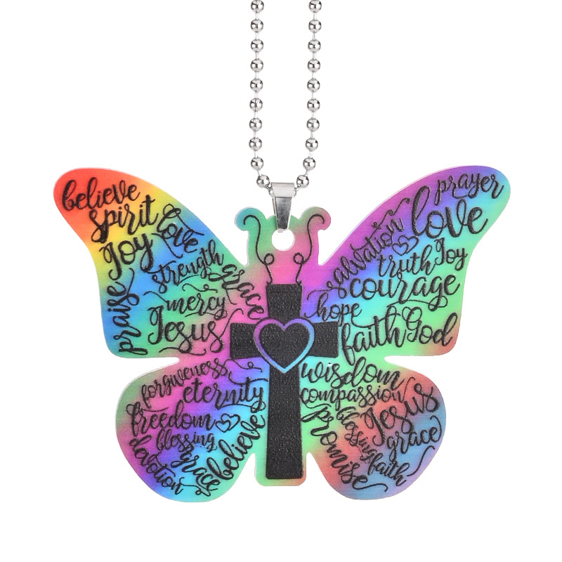 Creative Font Graffiti Jesus Cross Butterfly Pendant, Christian Car Suspension Decoration, Car Interior Rearview Mirror Pendant, Car Accessories Women