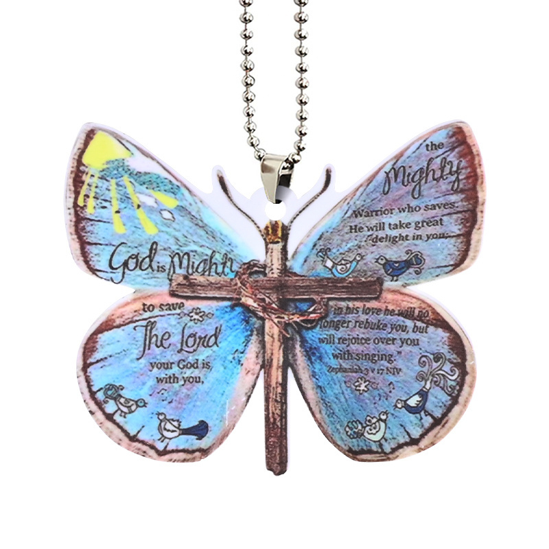 Creative Cross Butterfly Car Pendant Car Rearview Mirror Decorations Christian Religion Blue Butterfly Hanging Ornament Keychain Pendant