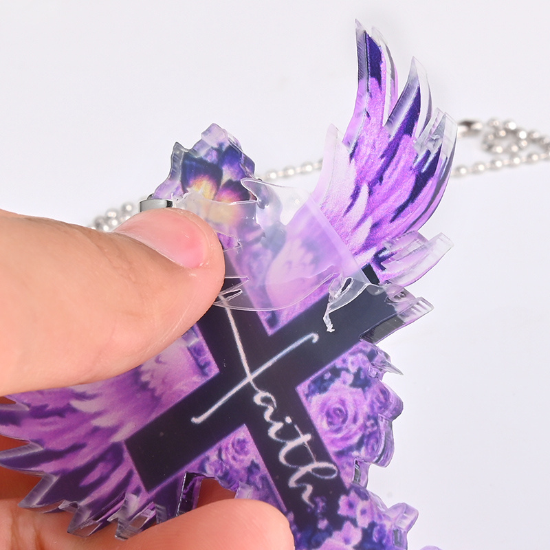 Purple Winged Cross Rose Pendant, Car Rearview Mirror Accessories Key Chain, Schoolbag Accessories Easter Gift
