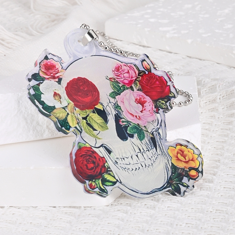 Flower White Skeleton Acrylic Pendant Car Rearview Mirror Accessories Halloween Decorations Gift