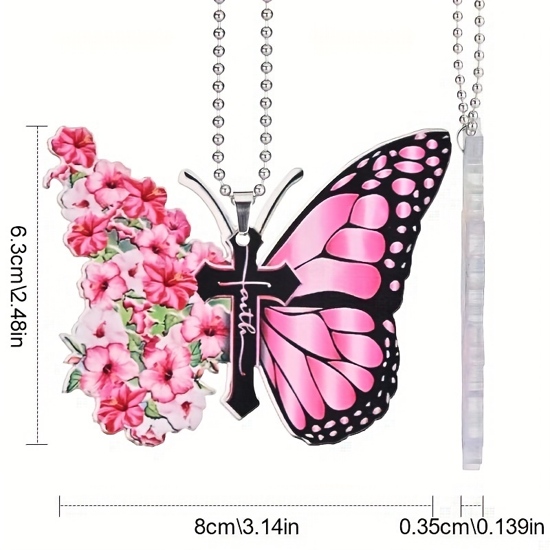 Beautiful Pink Butterfly and Flower Jesus Cross Pendant - The Perfect Car Rearview Mirror Accessory and Gift!