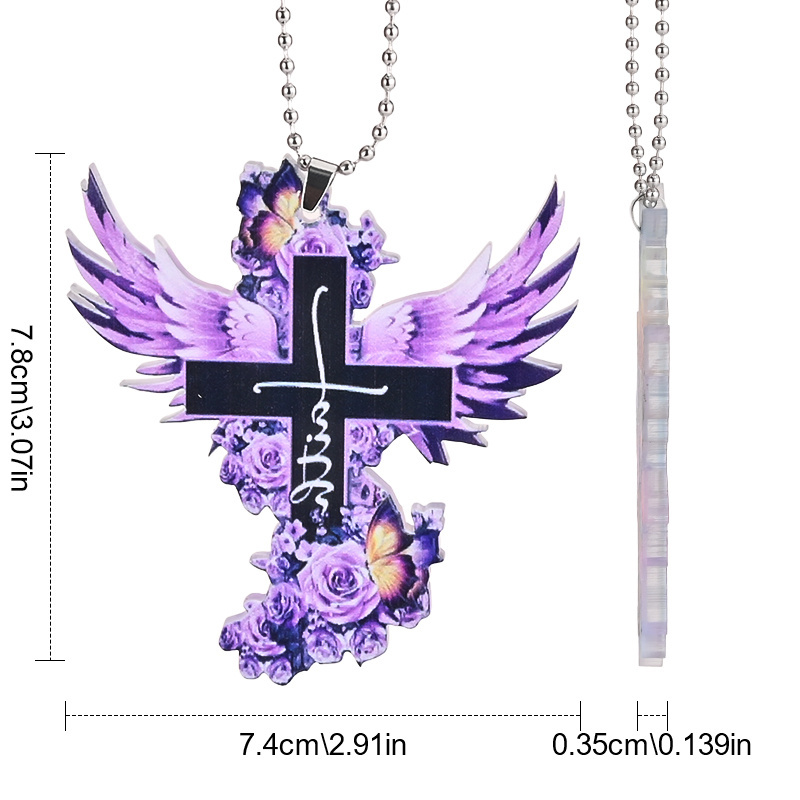 Purple Winged Cross Rose Pendant, Car Rearview Mirror Accessories Key Chain, Schoolbag Accessories Easter Gift