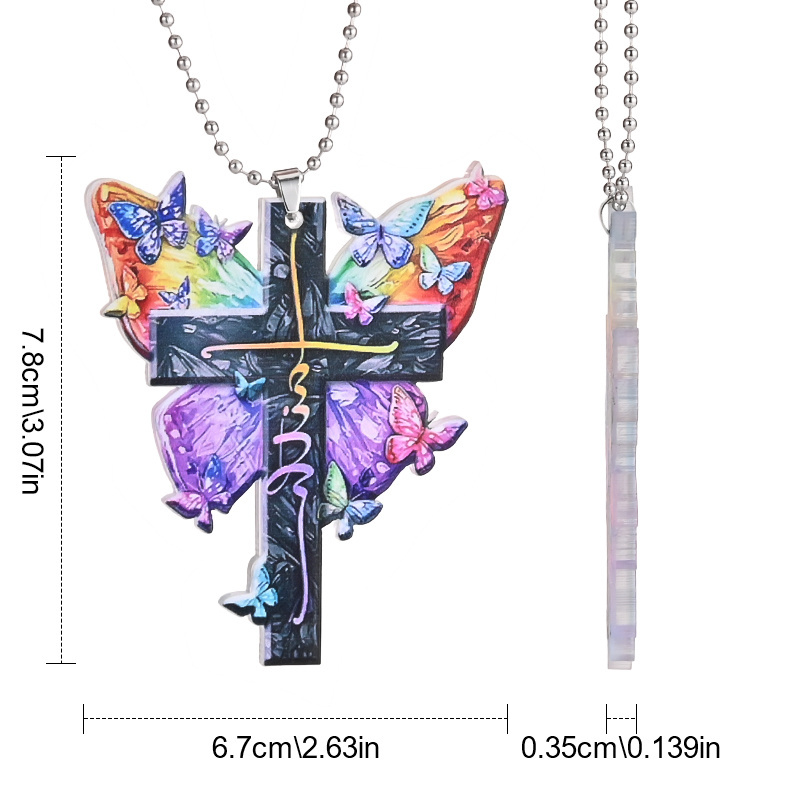 Colorful Butterfly Jesus Cross Pendant: Perfect Car Rearview Mirror & Key Chain Accessories for Holiday Gifts