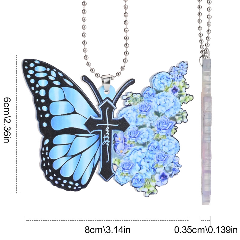 Add a Touch of Elegance to Your Home or Car with this Acrylic Blue Butterfly Flower Jesus Cross Pendant!