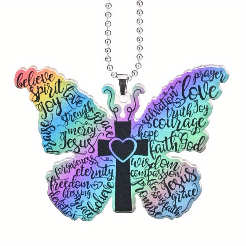 Creative Font Graffiti Jesus Cross Butterfly Pendant, Christian Car Suspension Decoration, Car Interior Rearview Mirror Pendant, Car Accessories Women