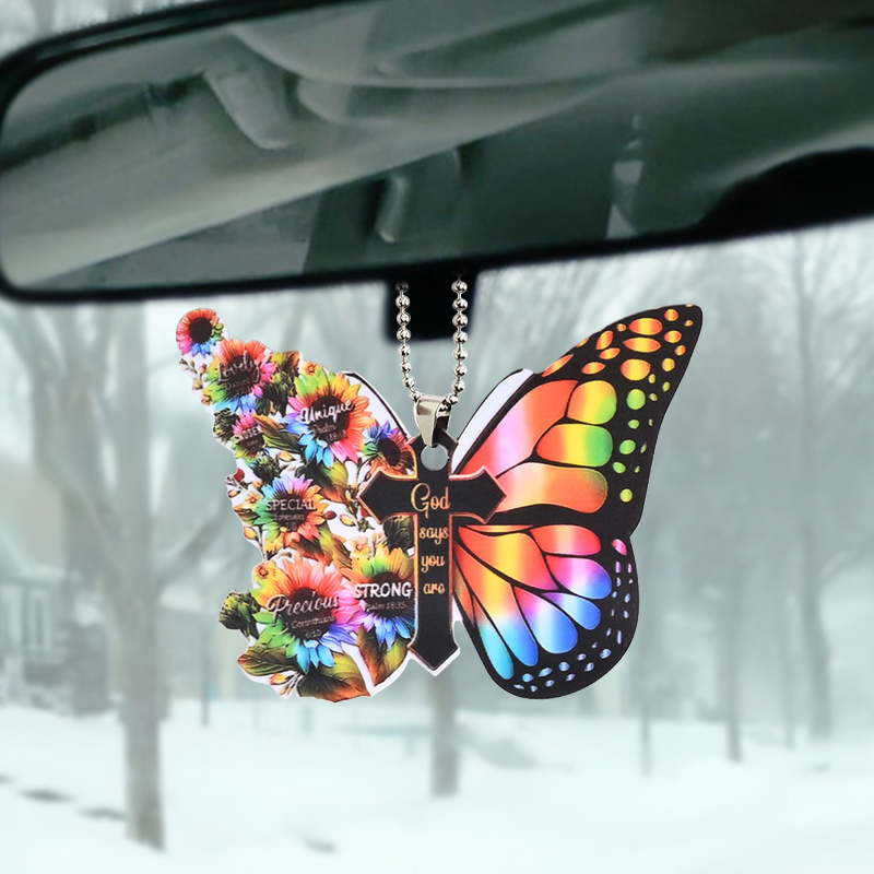 Beautiful Butterfly Cross Christian Car Rearview Mirror Accessories - Perfect Home Decor & Christmas Tree Ornament Gift!