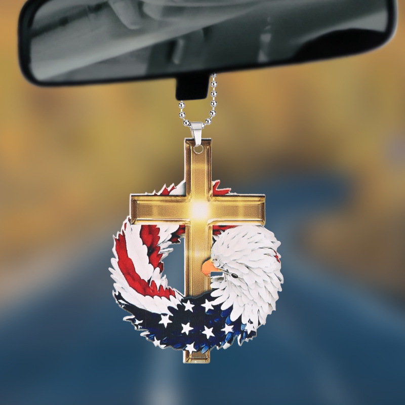 Show Your Patriotism and Faith with This Stunning Eagle Wreath Cross Pendant - Perfect for Car or Home Decor!