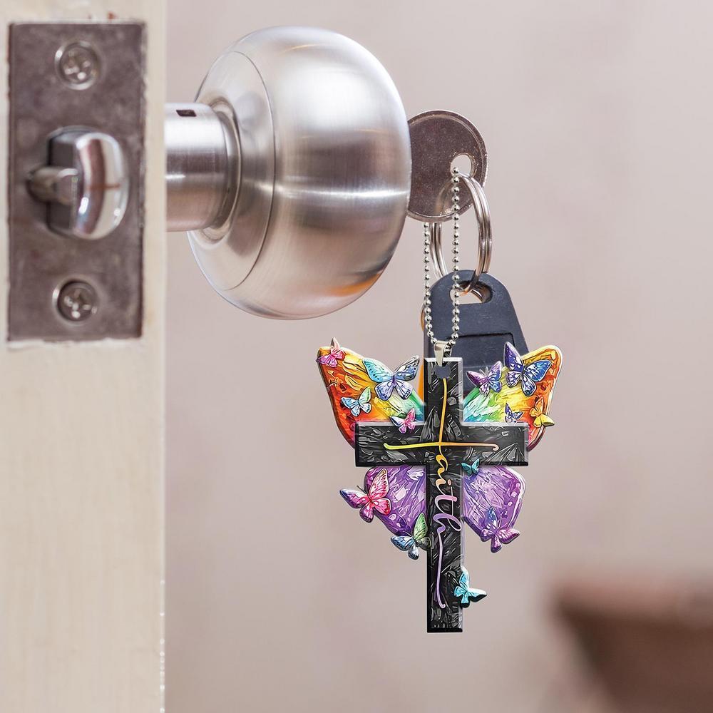 Colorful Butterfly Jesus Cross Pendant: Perfect Car Rearview Mirror & Key Chain Accessories for Holiday Gifts