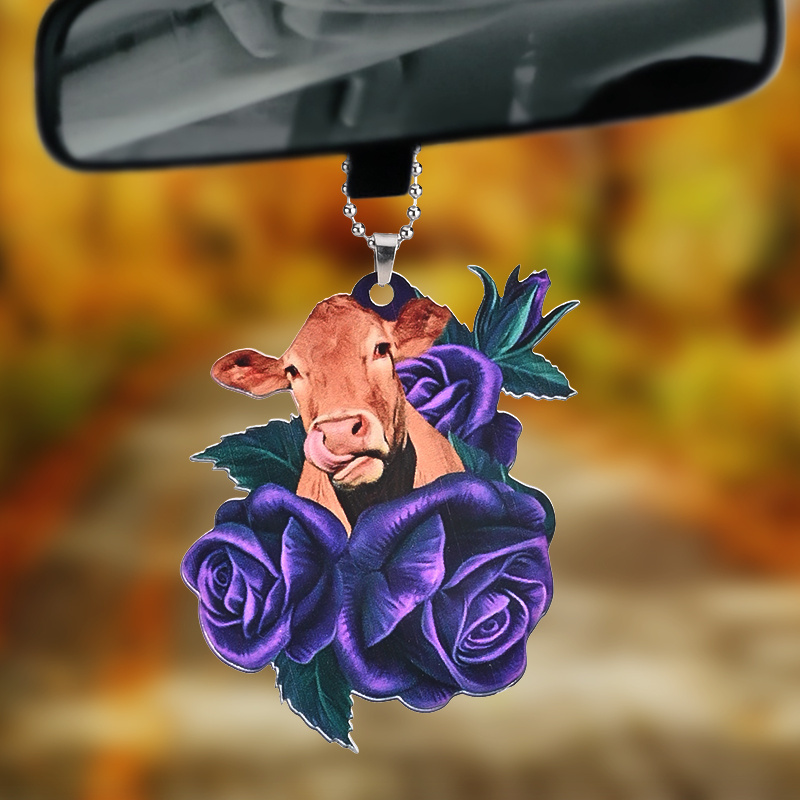 Cattle In Purple Flower Car Rear View Mirror Accessories Car Ornament Hanging Charm Interior Rearview Pendant Decor Car Accessories Women