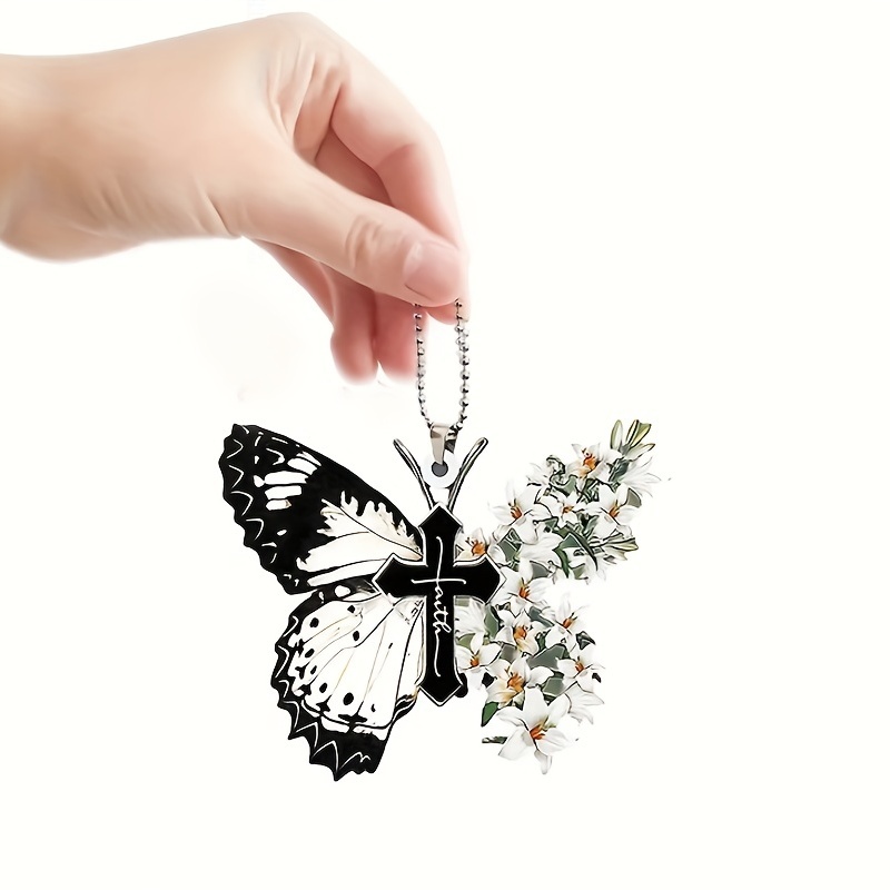 1pc Butterfly Cross Christian Religion Wind Chime Hanging Car Decoration Car Interior Accessories Women