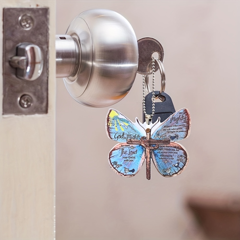 Creative Cross Butterfly Car Pendant Car Rearview Mirror Decorations Christian Religion Blue Butterfly Hanging Ornament Keychain Pendant