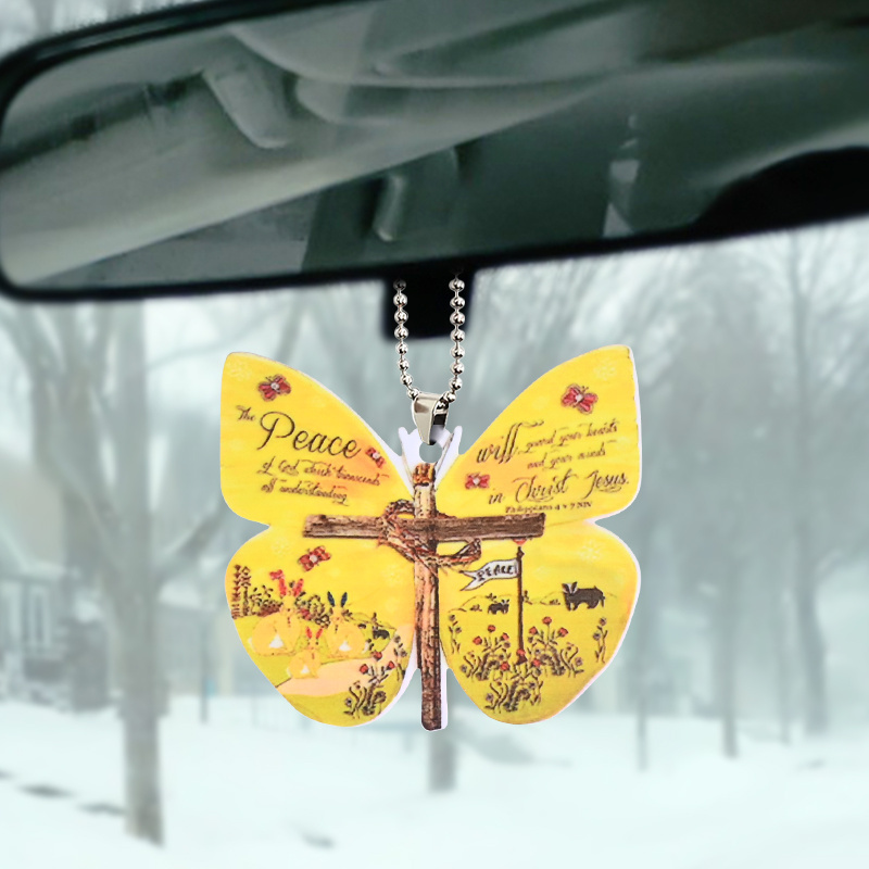 1pc Stylish Cross Butterfly Car Rearview Mirror Hanging Ornament - Add a Touch of Luck to Your Car!