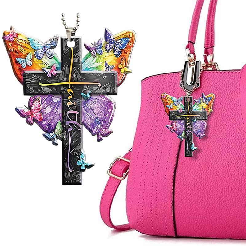 Colorful Butterfly Jesus Cross Pendant: Perfect Car Rearview Mirror & Key Chain Accessories for Holiday Gifts