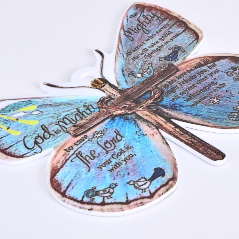 Creative Cross Butterfly Car Pendant Car Rearview Mirror Decorations Christian Religion Blue Butterfly Hanging Ornament Keychain Pendant