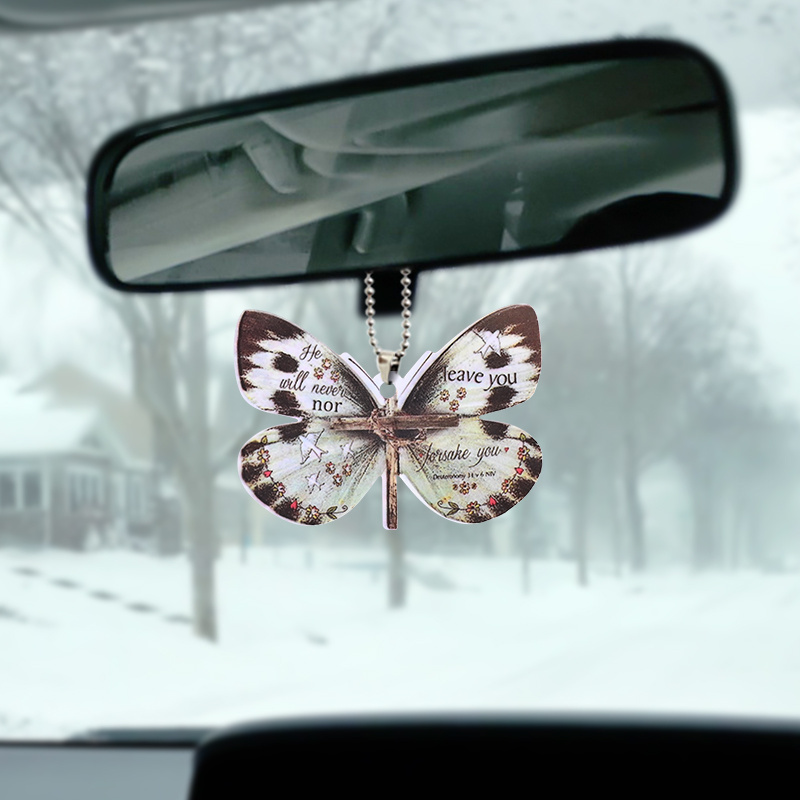 Unique Christian Cross Butterfly Car Charm - A Stylish Rearview Mirror Ornament