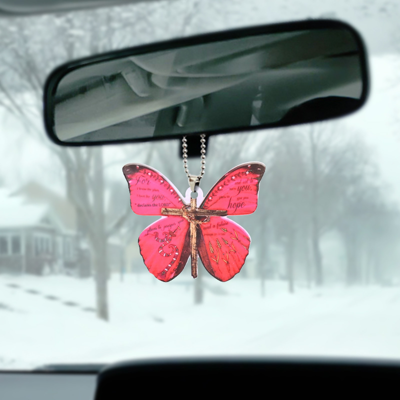 Christian Lucky Red Butterfly Car Rearview Mirror Decoration - An Attractive & Unique Car Pendant Keychain!