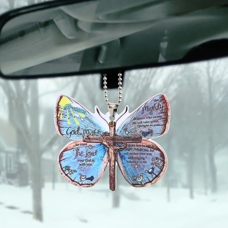 Creative Cross Butterfly Car Pendant Car Rearview Mirror Decorations Christian Religion Blue Butterfly Hanging Ornament Keychain Pendant