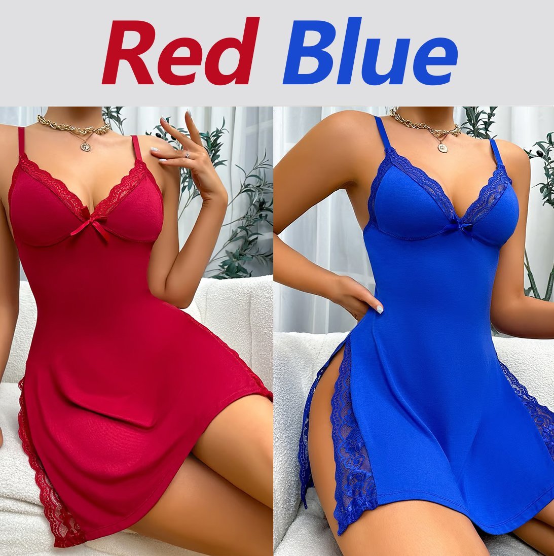 🎉LAST DAY $9.99 ONLY 🎉- Lace Trim Slit Bowknot Decor Sleep Dress