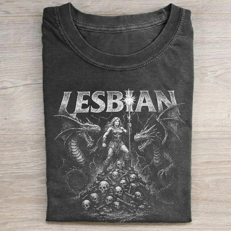 Lesbian Warrior Dragon Fantasy Vintage Graphic T-shirt