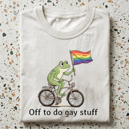 Off to do Gay Stuff LGBTQ Frog on Bicycle T-shirt