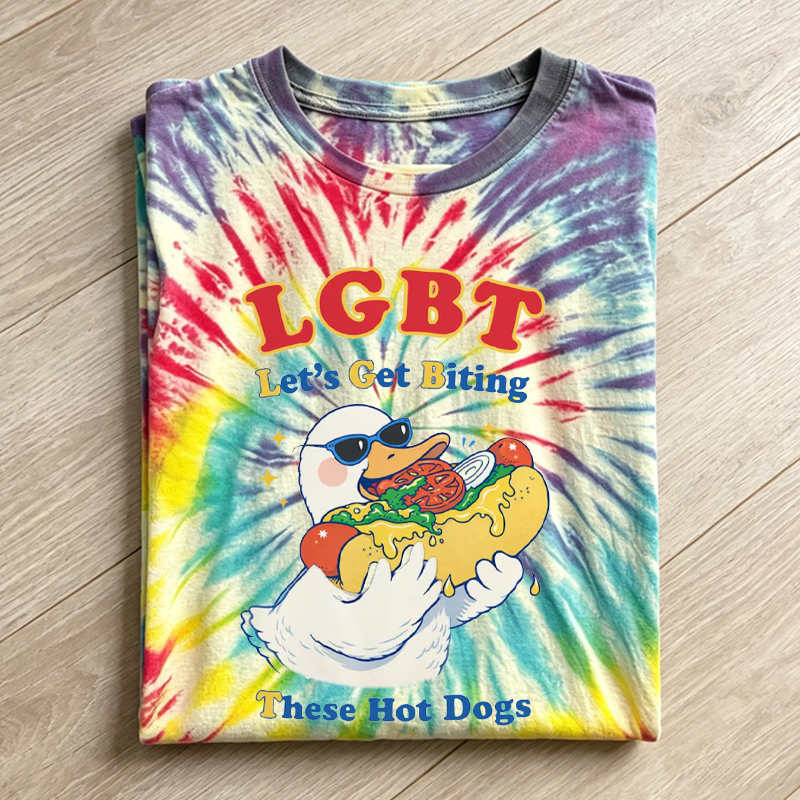 LGBT Lets Get Biting These Hot Dogs Funny Goose Pride Handmade Tie Dye T-shirt